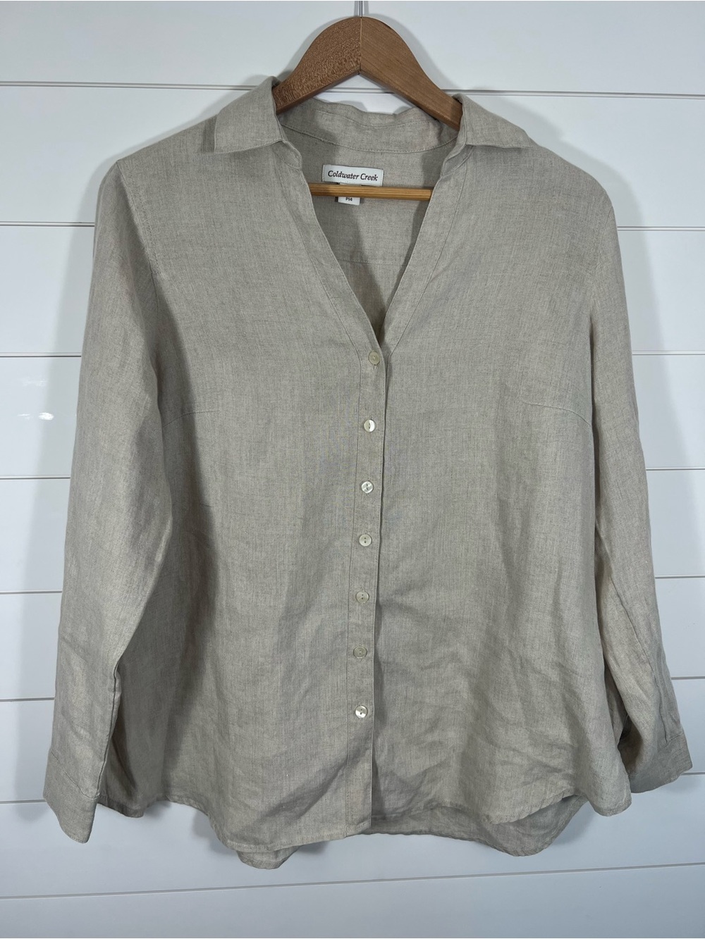 Coldwater Creek 100% Linen Button Up Shirt Womens Large Petite Beige India Made - Picture 4 of 13